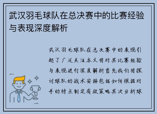 武汉羽毛球队在总决赛中的比赛经验与表现深度解析
