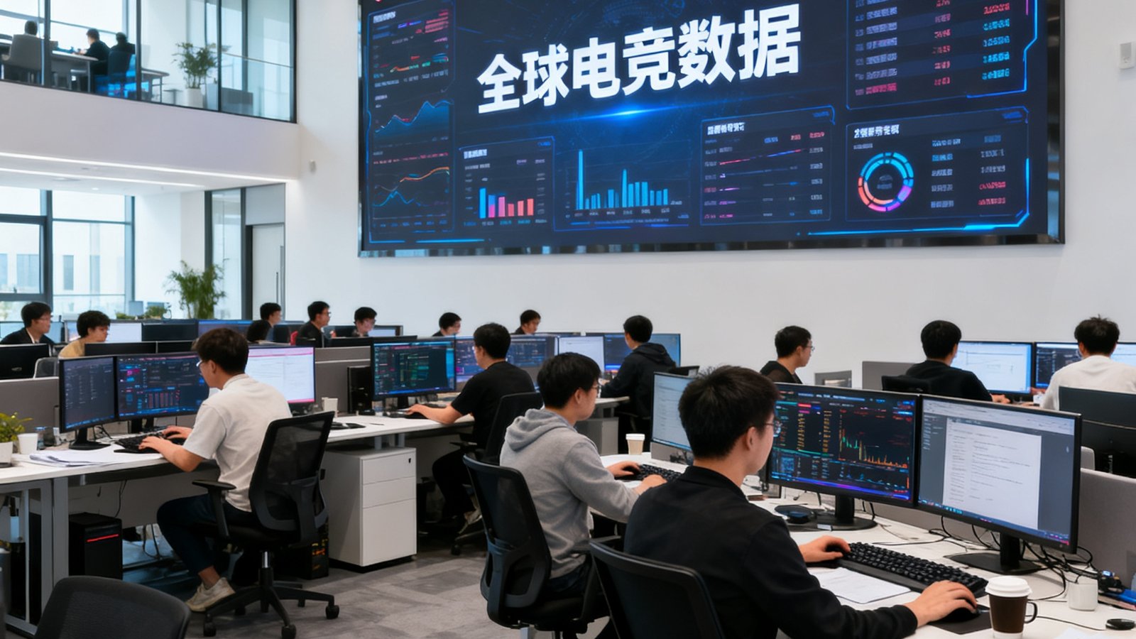 JJB竞技宝位于上海浦东张江高科技园区的总部办公室实景，宽敞明亮的开放式工位区域，墙面上悬挂着大型电子屏幕实时滚动全球电竞数据，数十位分析师正在专注工作的场景。