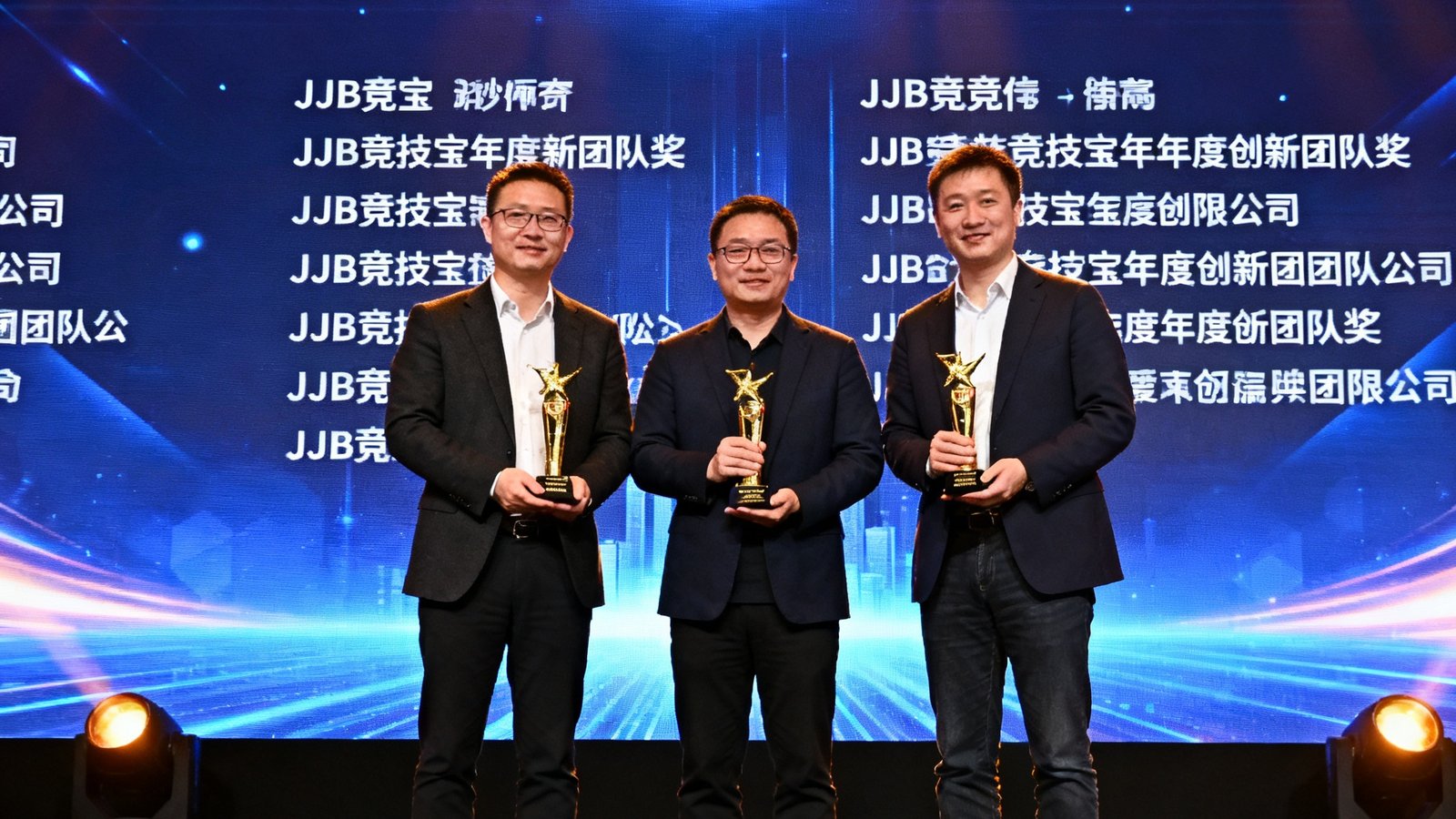 JJB竞技宝团队在颁奖典礼上领奖的照片，三位创始人手持奖杯站在舞台中央，背景是巨大的LED屏幕显示着获奖信息。